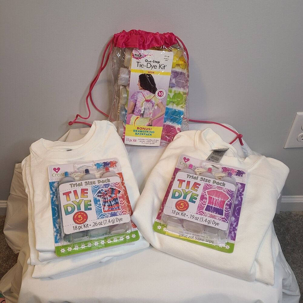 NIB Tie Dye Kits With Shirts 3 Full Kits 6 Hane Youth Medium Shirts 1 Sweatshirt